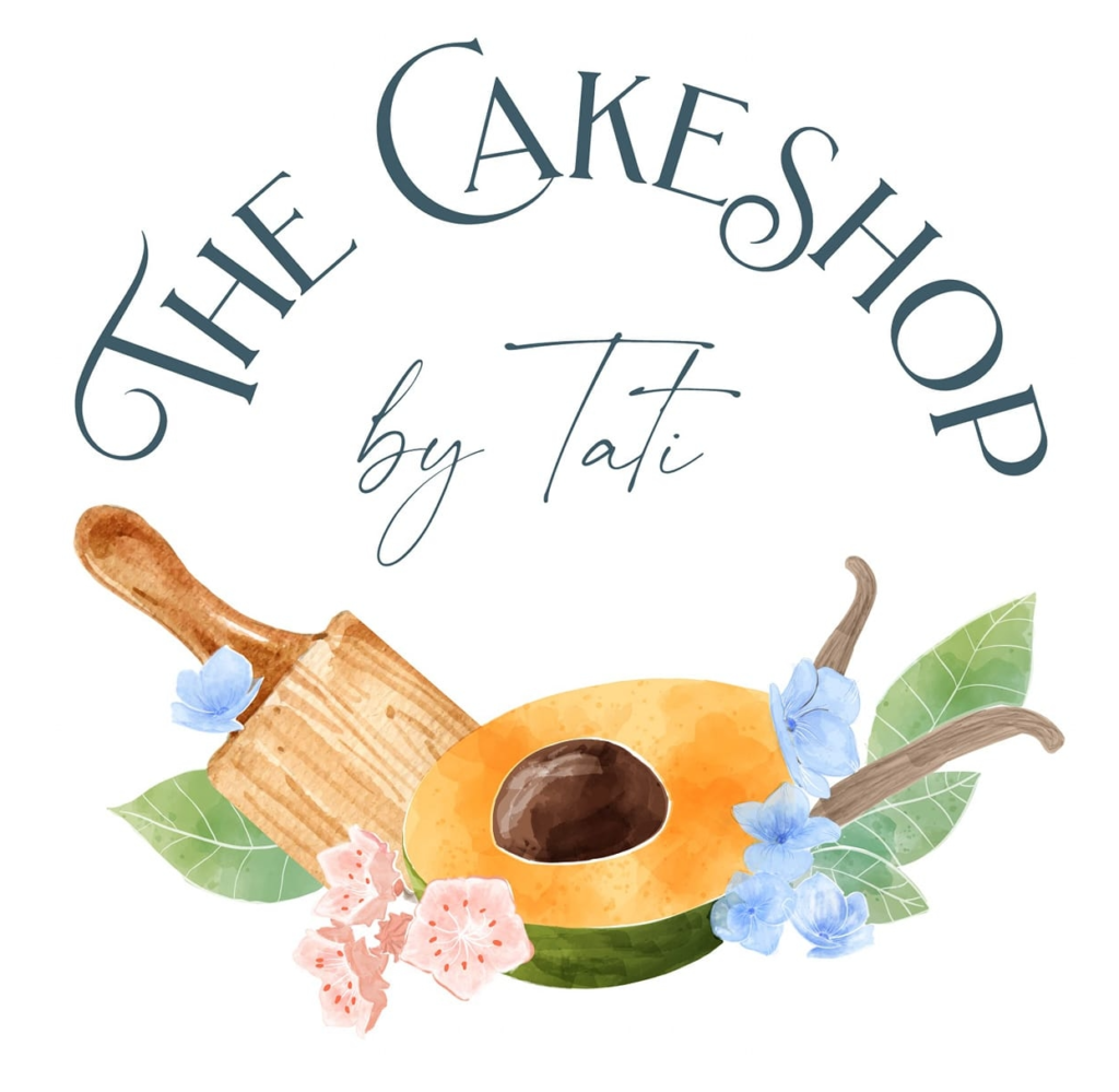 Logo for The Cake Shop by Tati, with a drawing of and avocado, vanilla and flowers